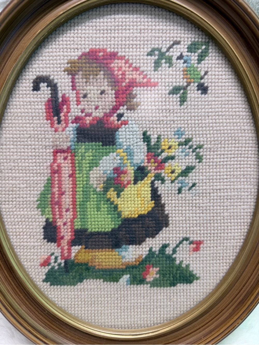 10”x12” Vintage Framed Hand-Embroidered Girl Cross Stitch - Green & Pink 💝 - Picture 2 of 4